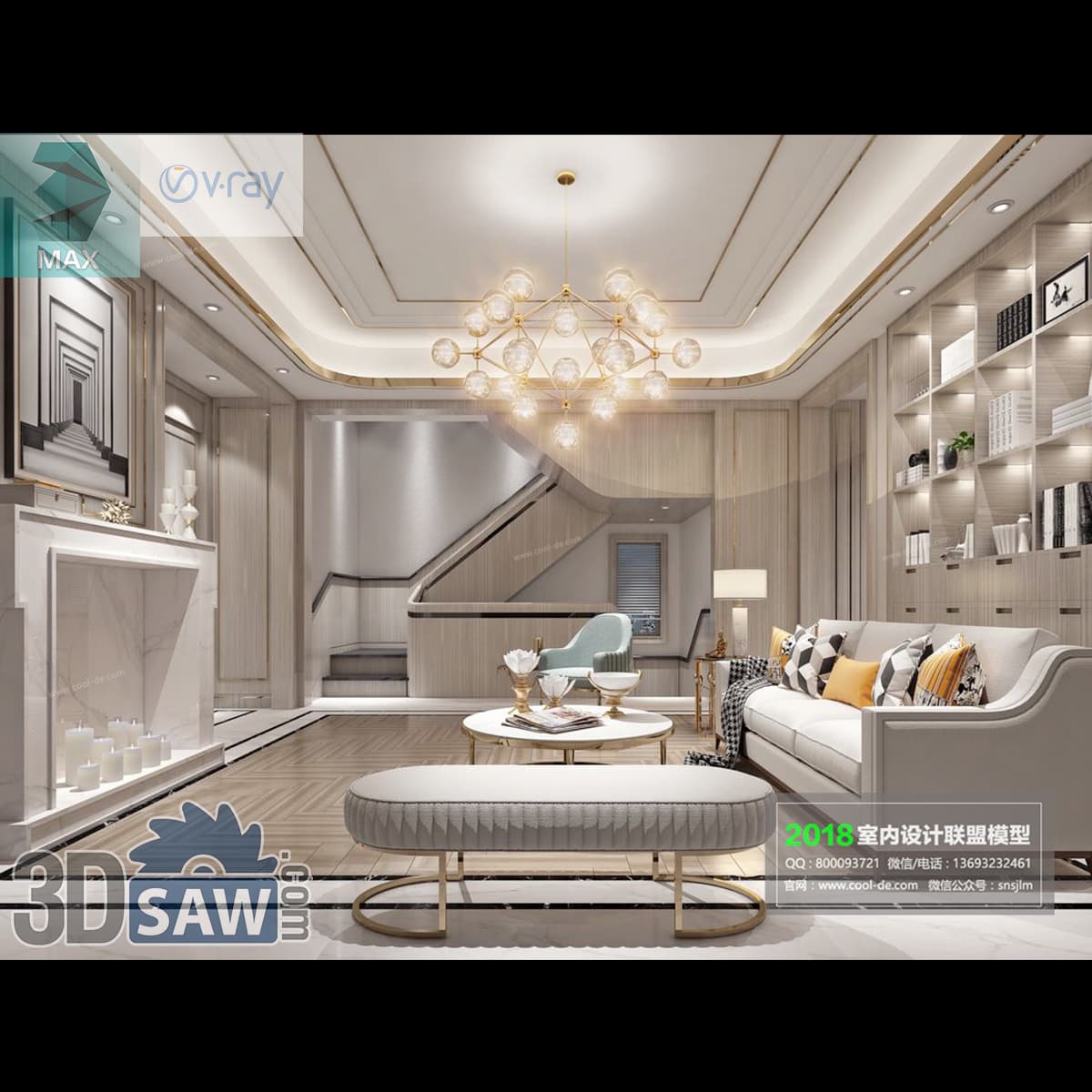 Download 3ds Max Modern Luxury Living Room 3D Model 3ds Max modern luxury living room with sculptural bubble chandelier and marble fireplace