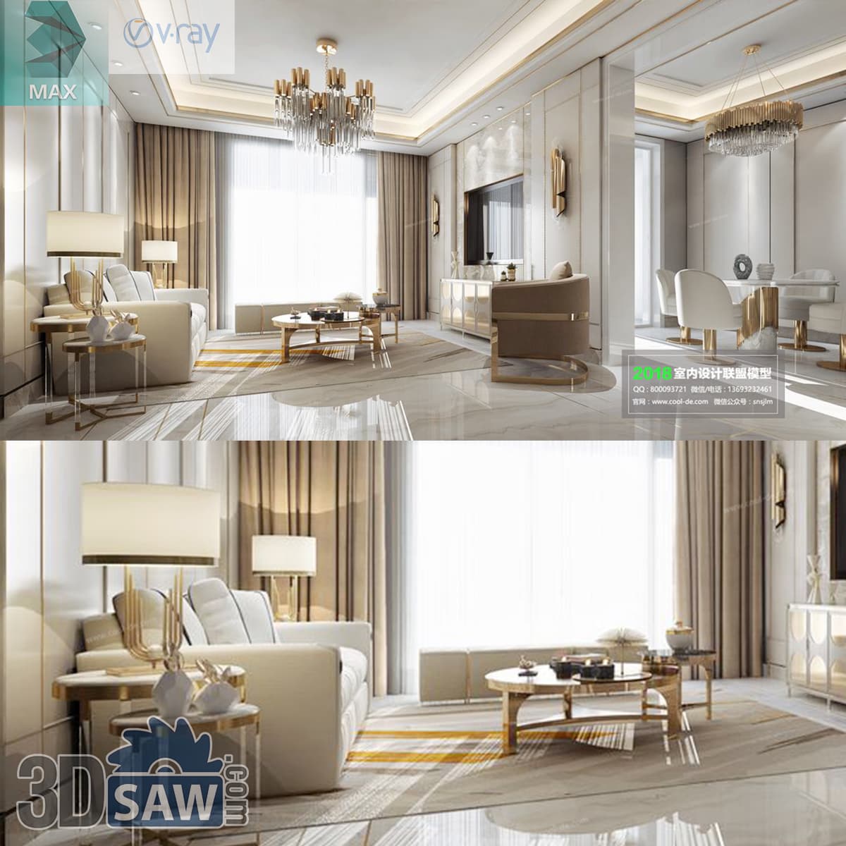 Download 3ds Max Luxury Contemporary Living Dining Room 3D Model 3ds Max luxury contemporary living and dining room with crystal chandelier and gold accents