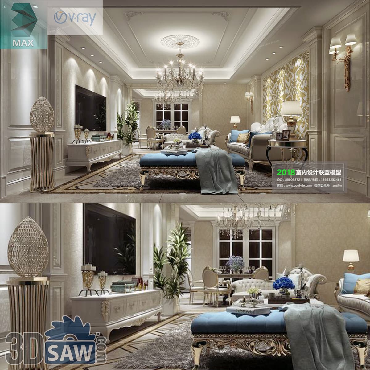 Download 3ds Max Classic Luxury Living Dining Room 3D Model 3ds Max classic luxury living and dining room with gold mosaic accent wall