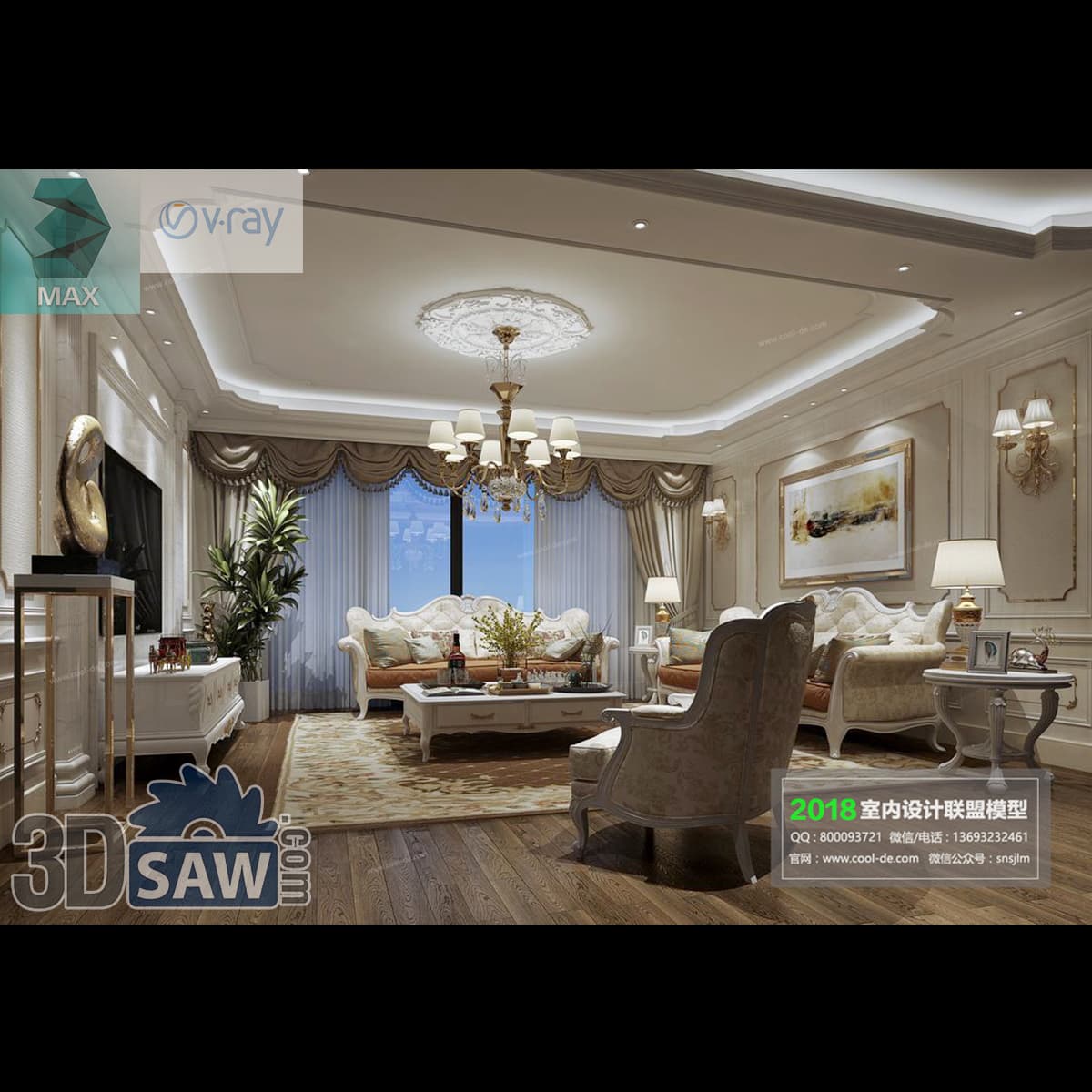 Download 3ds Max Classic Living Room 3D Model 3ds Max classic living room with carved tufted sofas and wood flooring