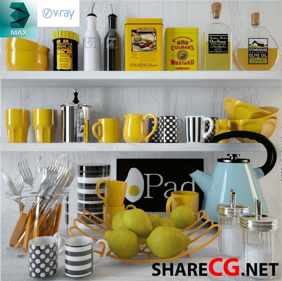 3ds Max yellow-themed kitchen shelf with condiment bottles, mugs, and lemons