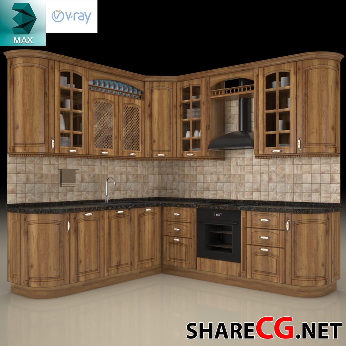 3ds Max classic wood corner kitchen cabinets with glass doors and range hood