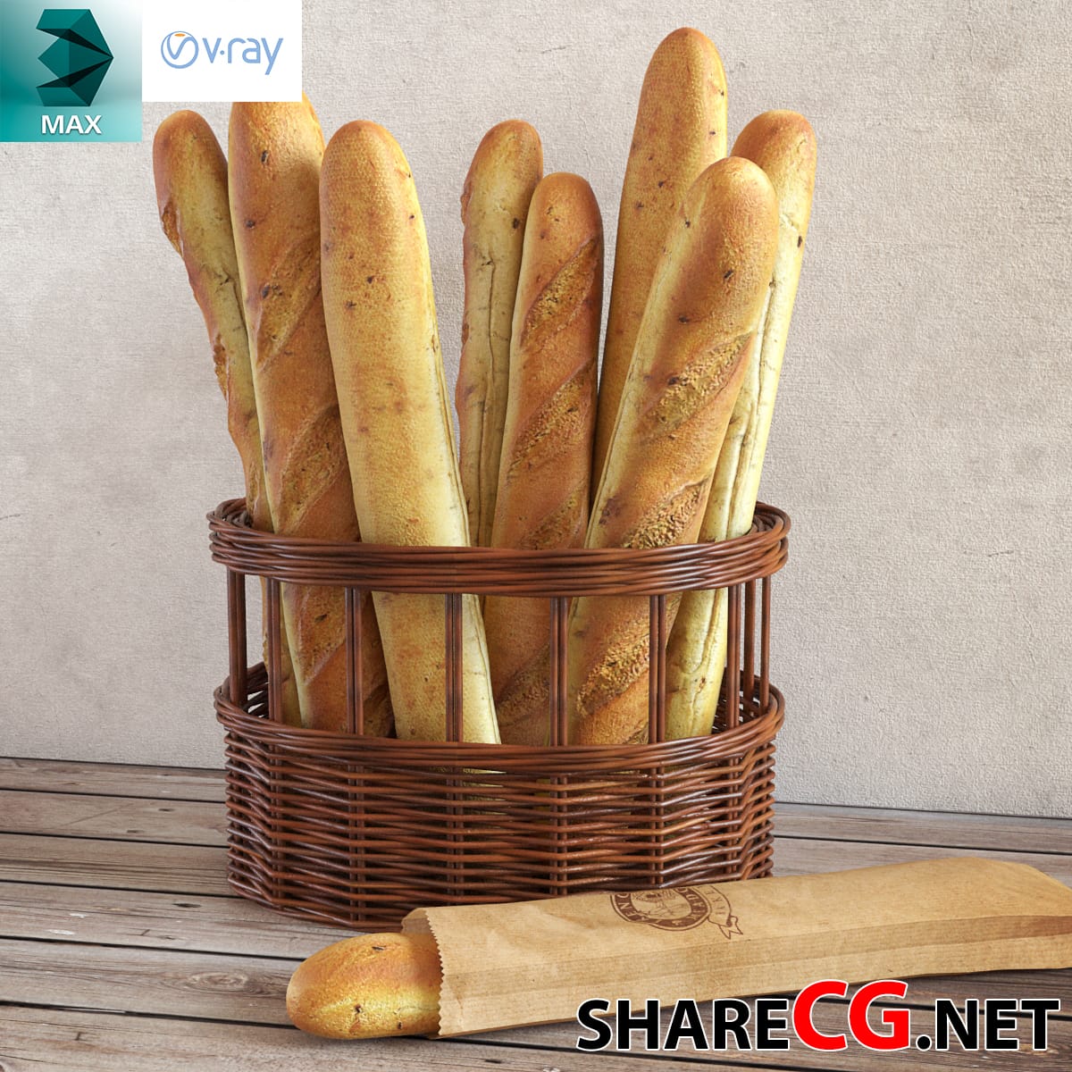 3ds Max wicker basket of fresh baguettes with kraft paper bread wrap