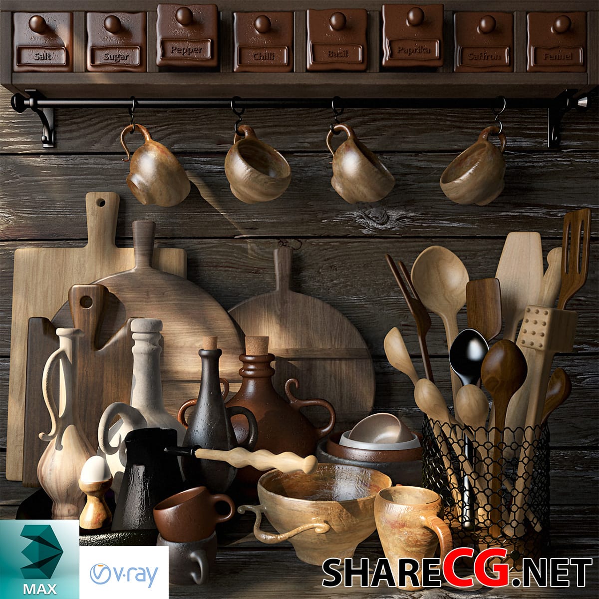 3ds Max rustic kitchen wall with labeled wood spice drawers and hanging ceramic mugs