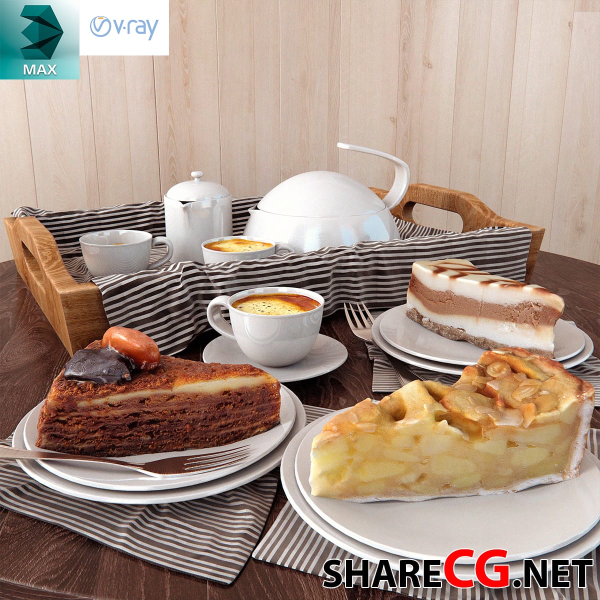 3ds Max dessert tray with chocolate cake, cheesecake, and apple tart slices