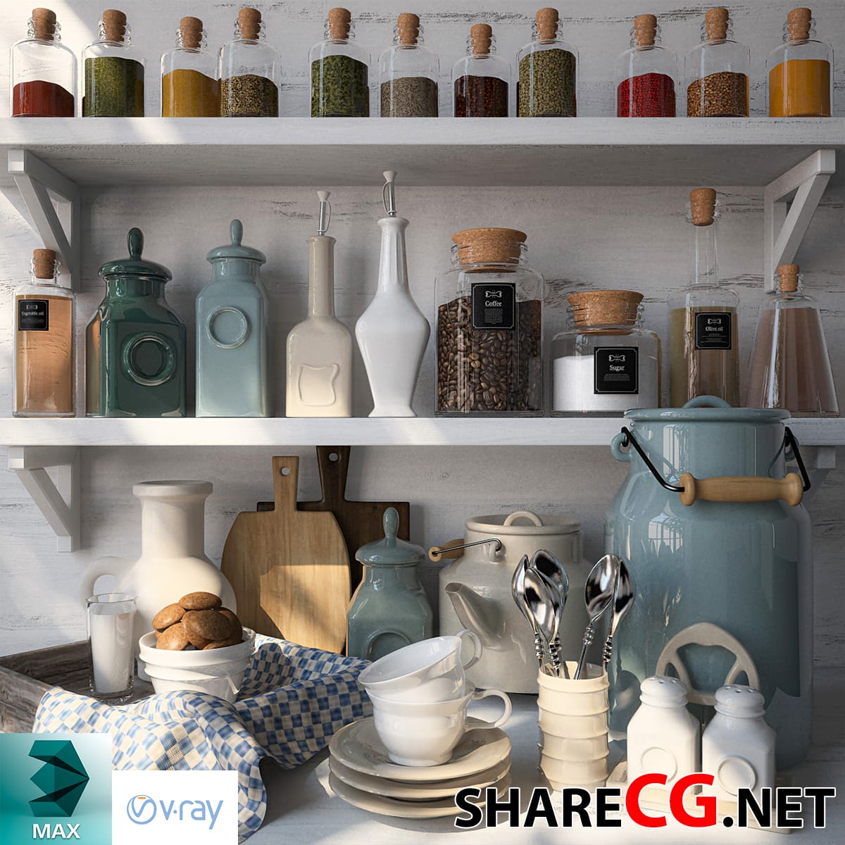 3ds Max Scandinavian kitchen shelf with glass spice jars and blue milk churn