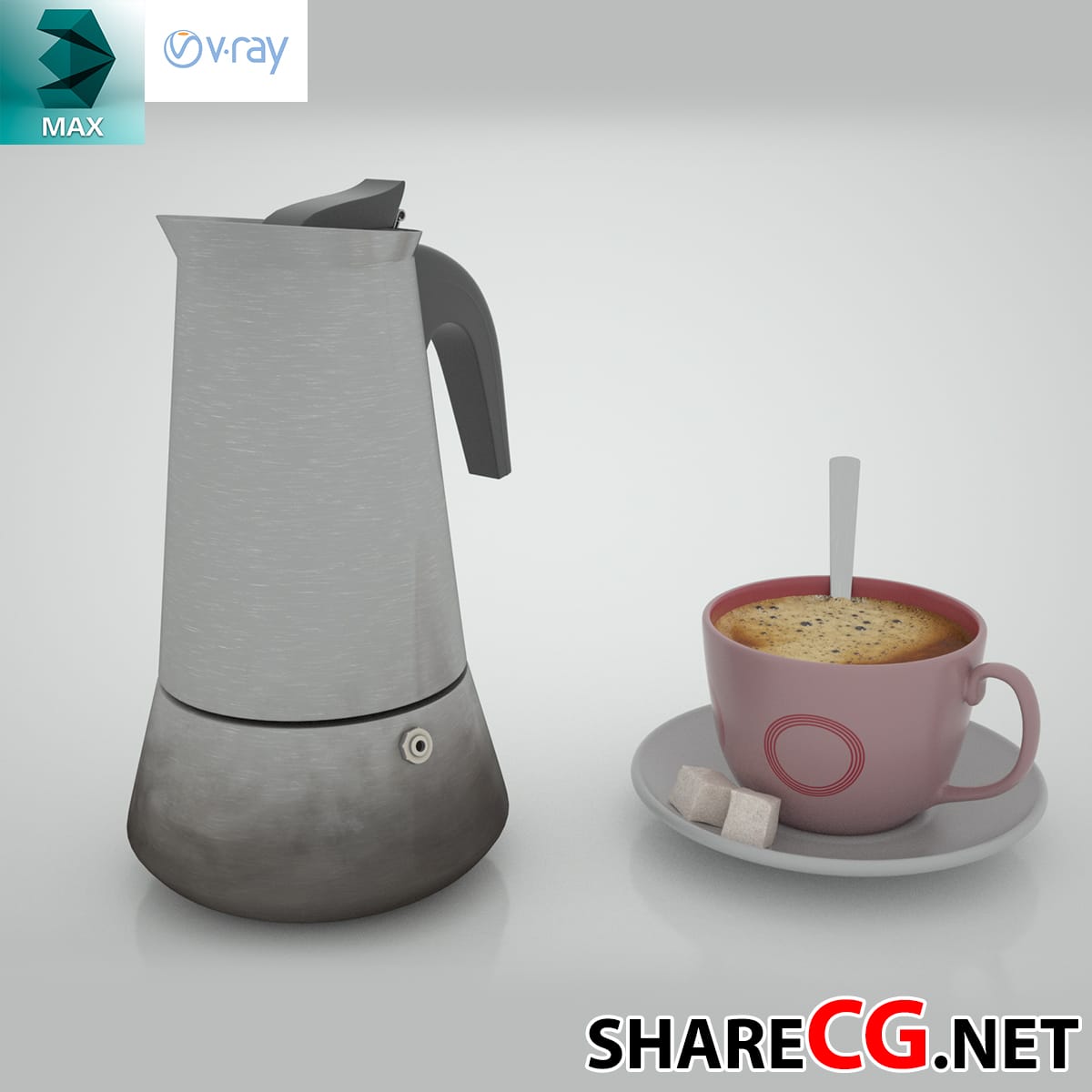 3ds Max stainless steel moka pot with pink espresso cup and sugar cubes