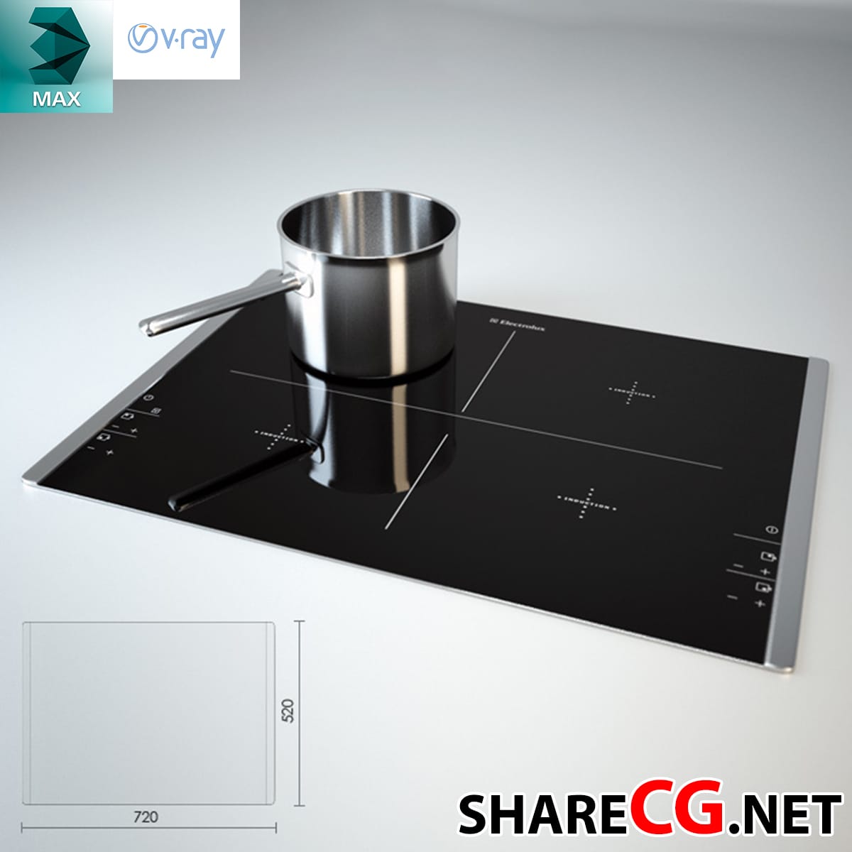 3ds Max modern black induction cooktop with stainless steel saucepan