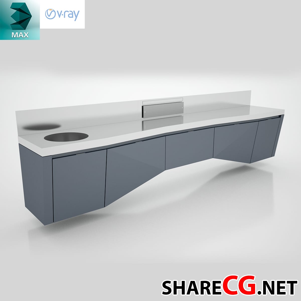 3ds Max modern sculptural wave-form kitchen counter with white stone top