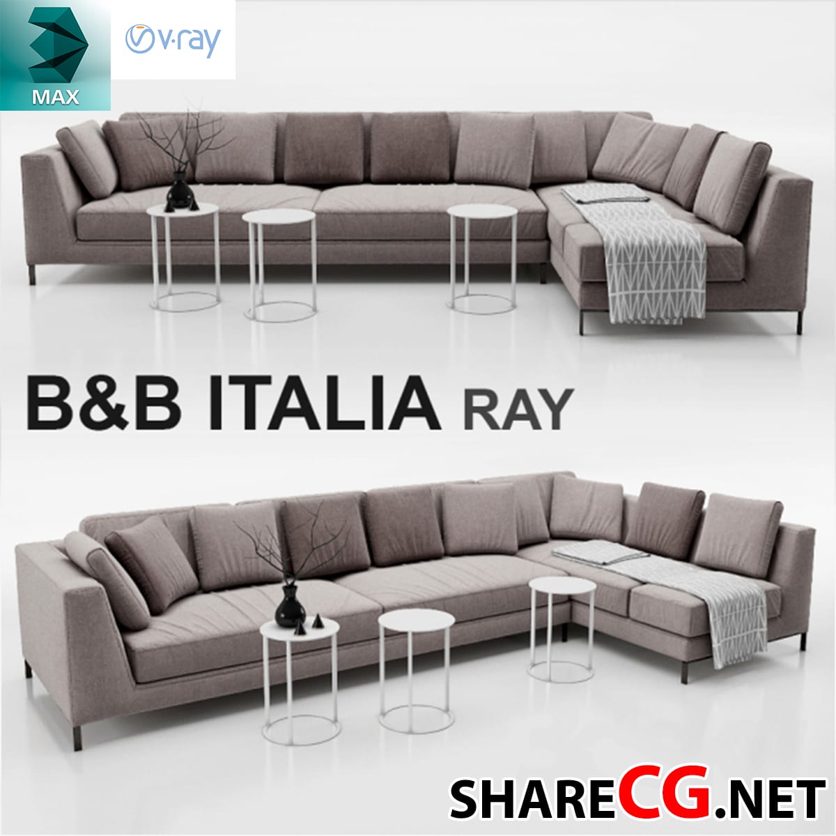 3ds Max modern taupe L-shaped sectional sofa with metal side tables