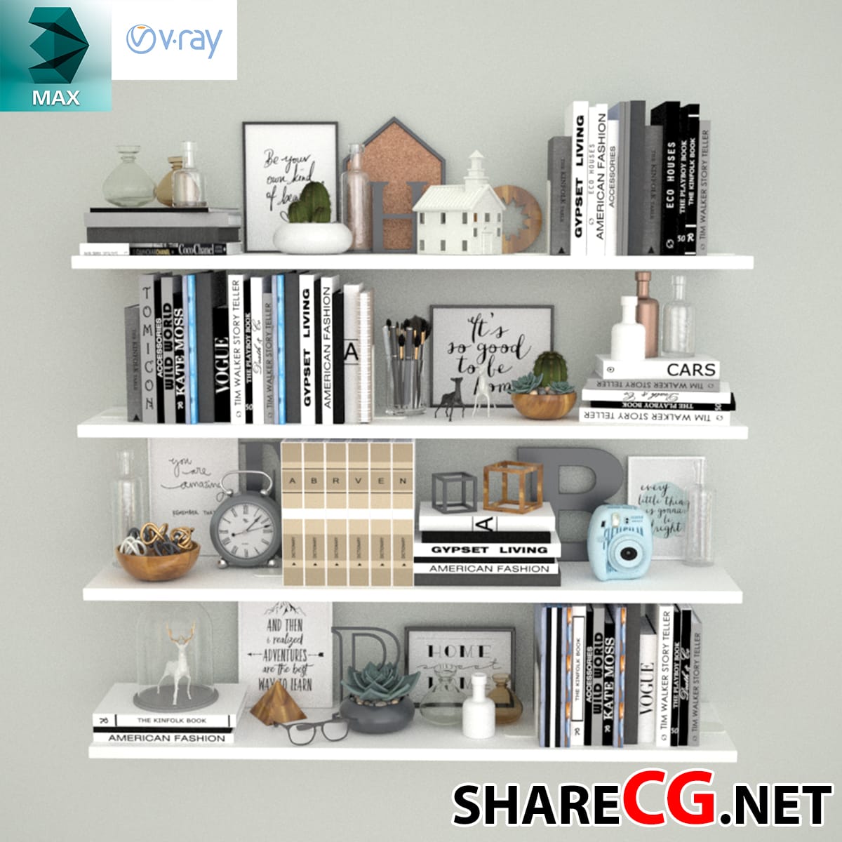 3ds Max modern white bookshelf with fashion books and framed quote prints
