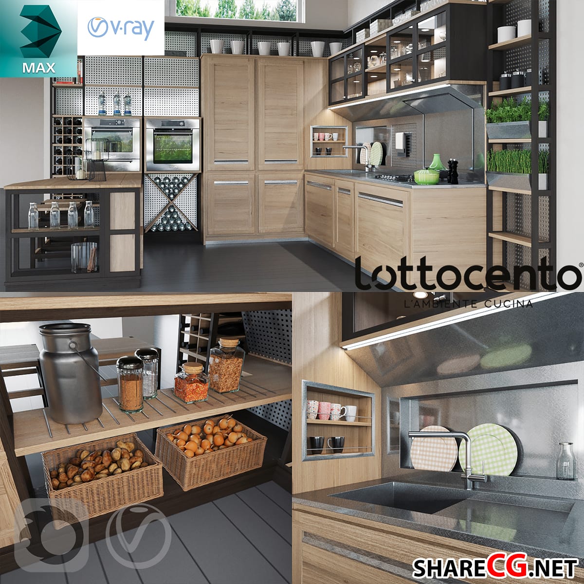 3ds Max industrial rustic kitchen with wine rack island and mesh wall panels