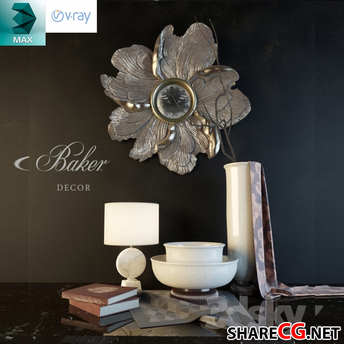 3ds Max luxury flower-shaped wall clock with marble lamp and ceramic vase set