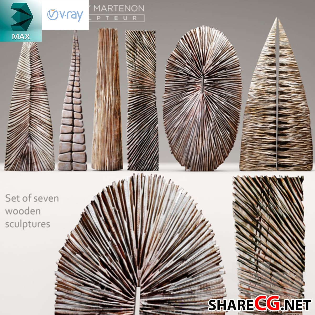 3ds Max modern carved wood sculpture set with ridged cone shapes