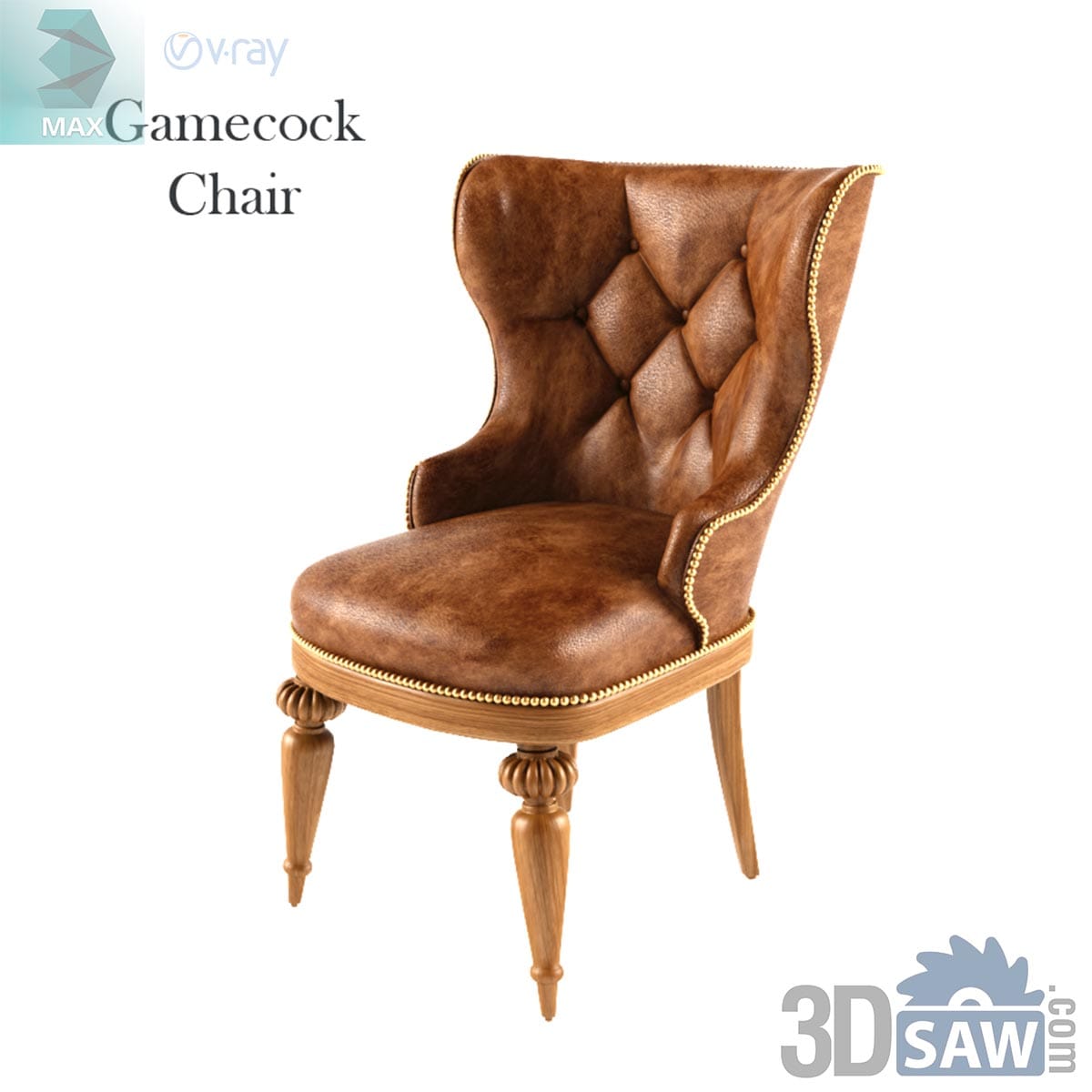 3ds Max luxury tufted brown leather wingback armchair with brass nailhead trim