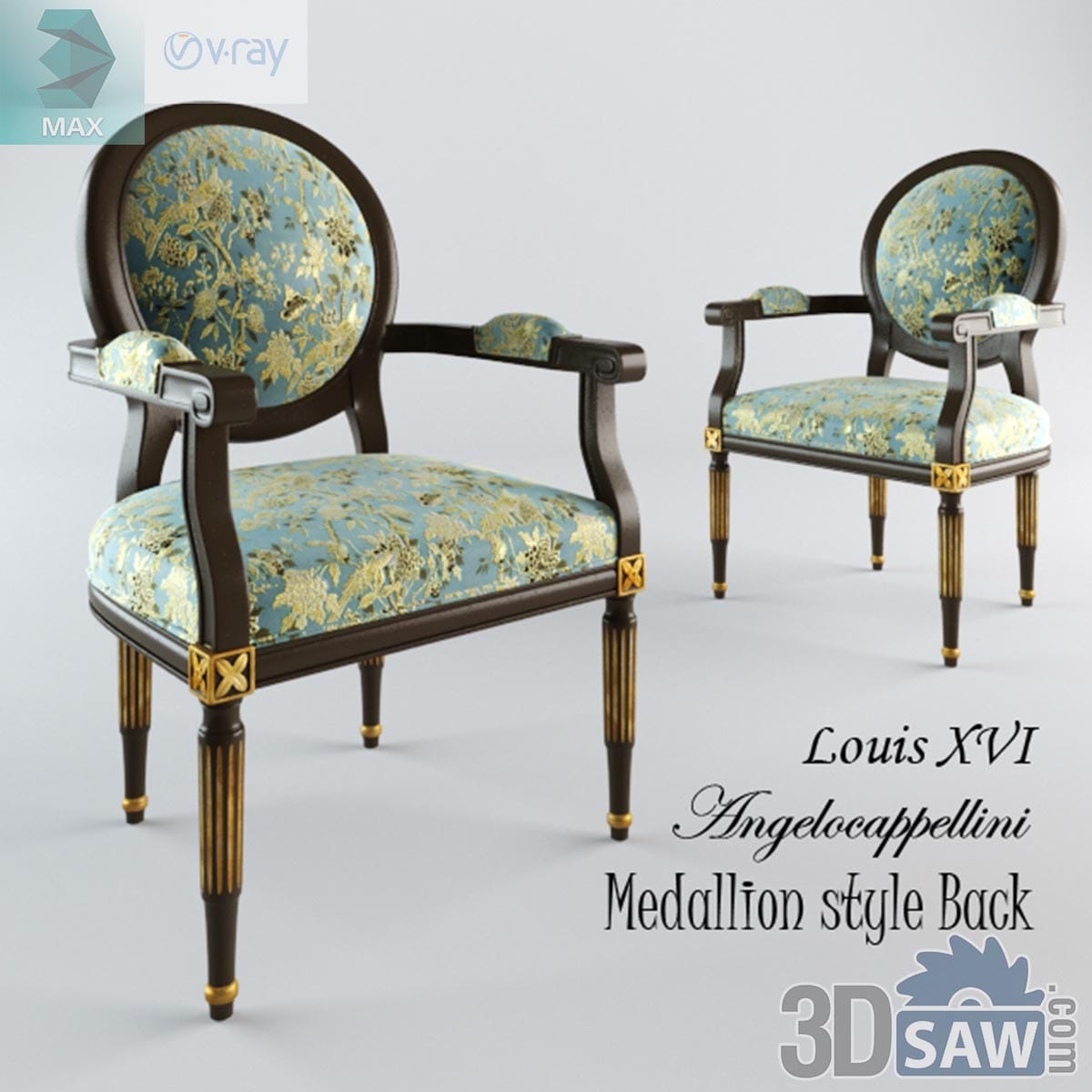 3ds Max classic medallion-back armchair with blue and gold floral brocade upholstery