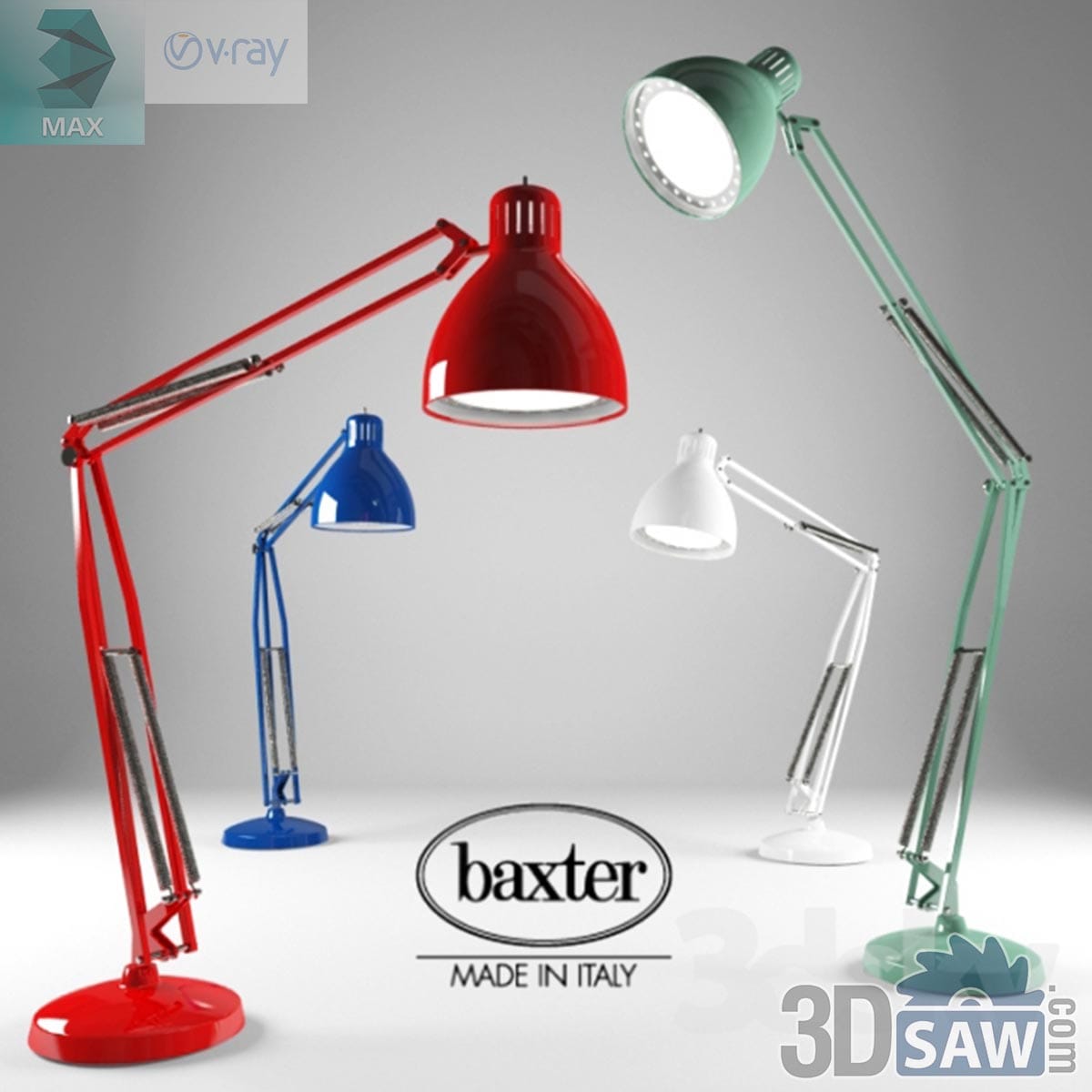3ds Max modern oversized articulated task lamp collection in red, blue, green, and white