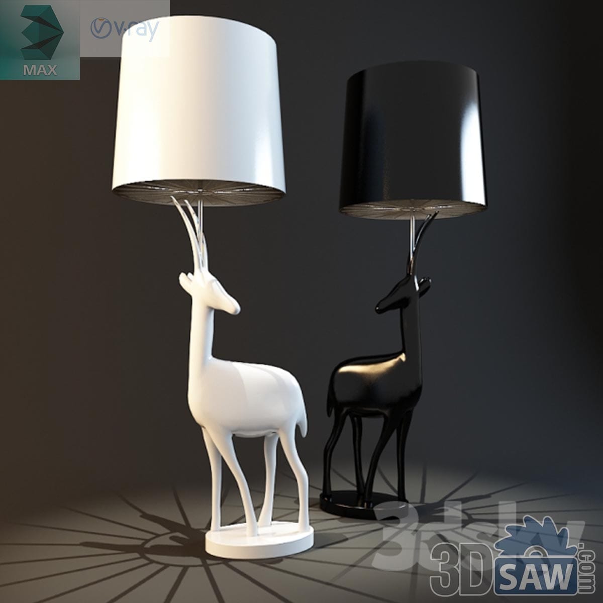 3ds Max modern glossy white and black deer-shaped floor lamp duo