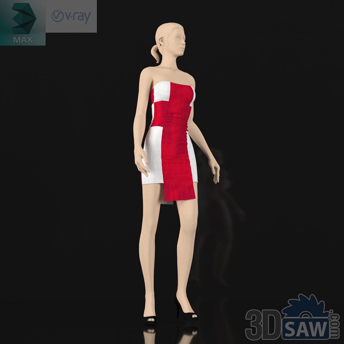 3ds Max female fashion mannequin wearing red and white strapless mini dress
