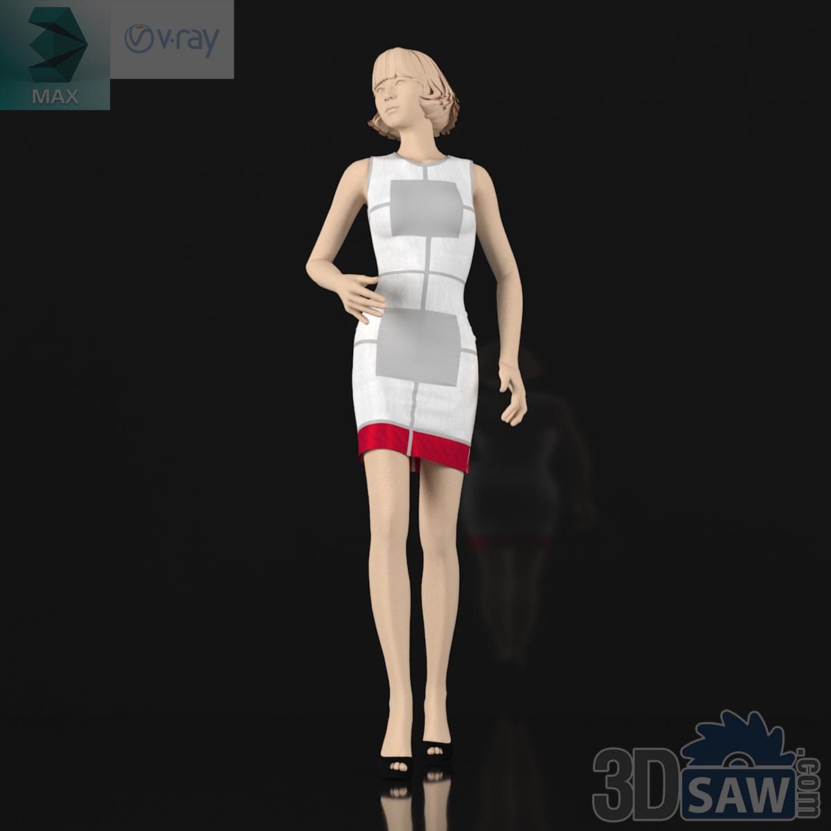 3ds Max female fashion mannequin wearing white color-block dress with red trim