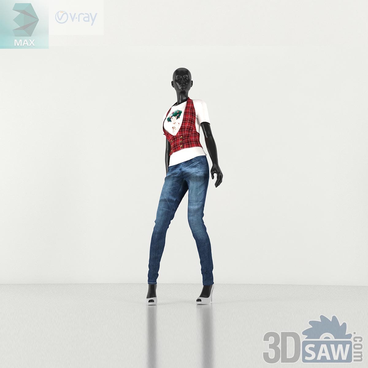 3ds Max female fashion mannequin wearing plaid vest and skinny jeans