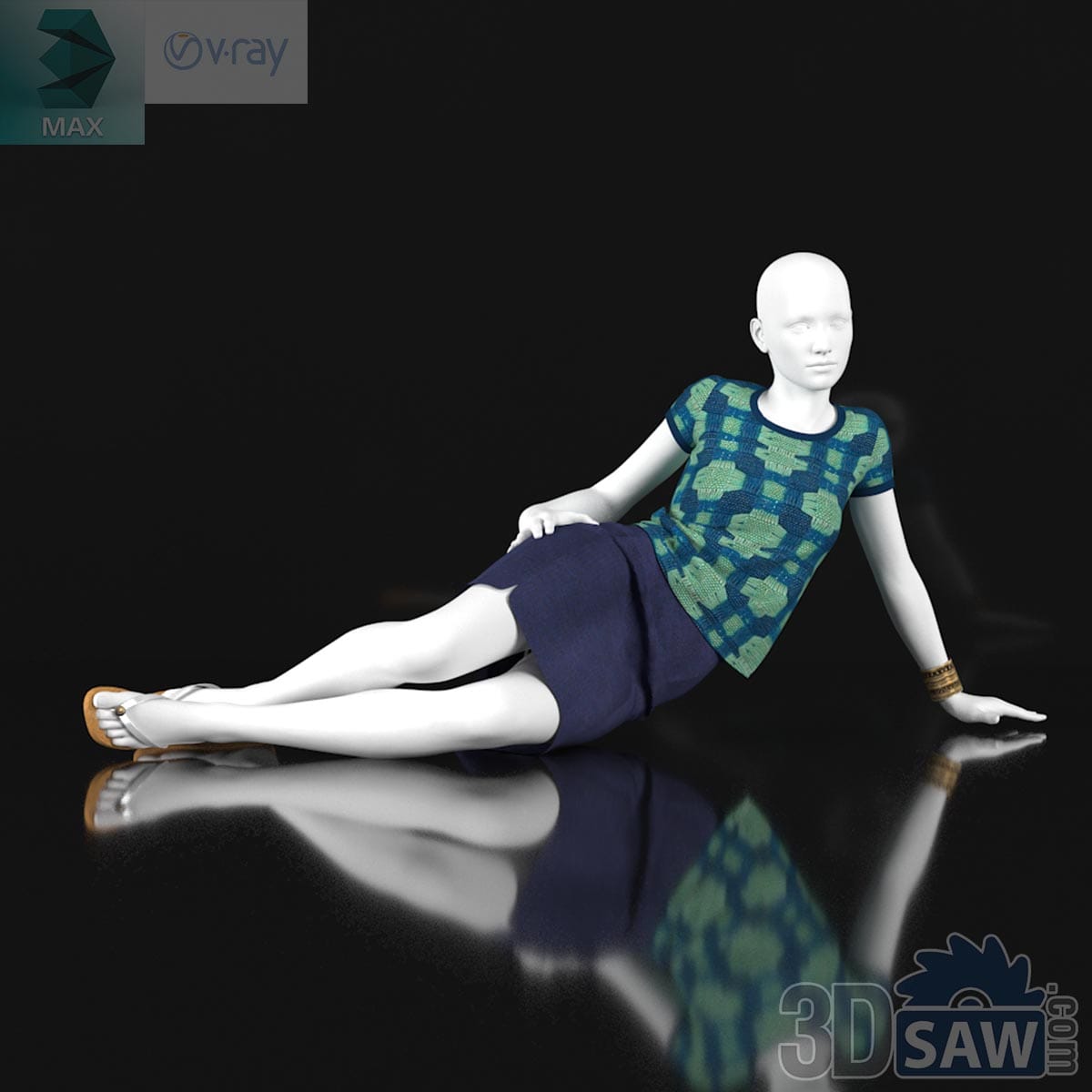 3ds Max female fashion mannequin reclining in patterned top and navy skirt