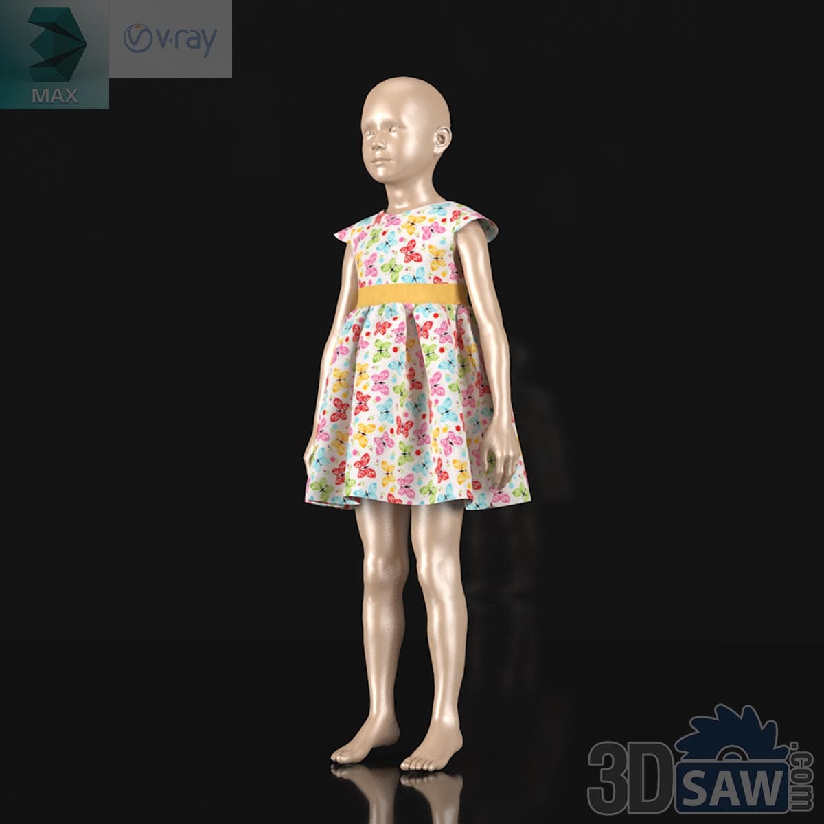 3ds Max girl kid fashion mannequin wearing colorful butterfly print dress