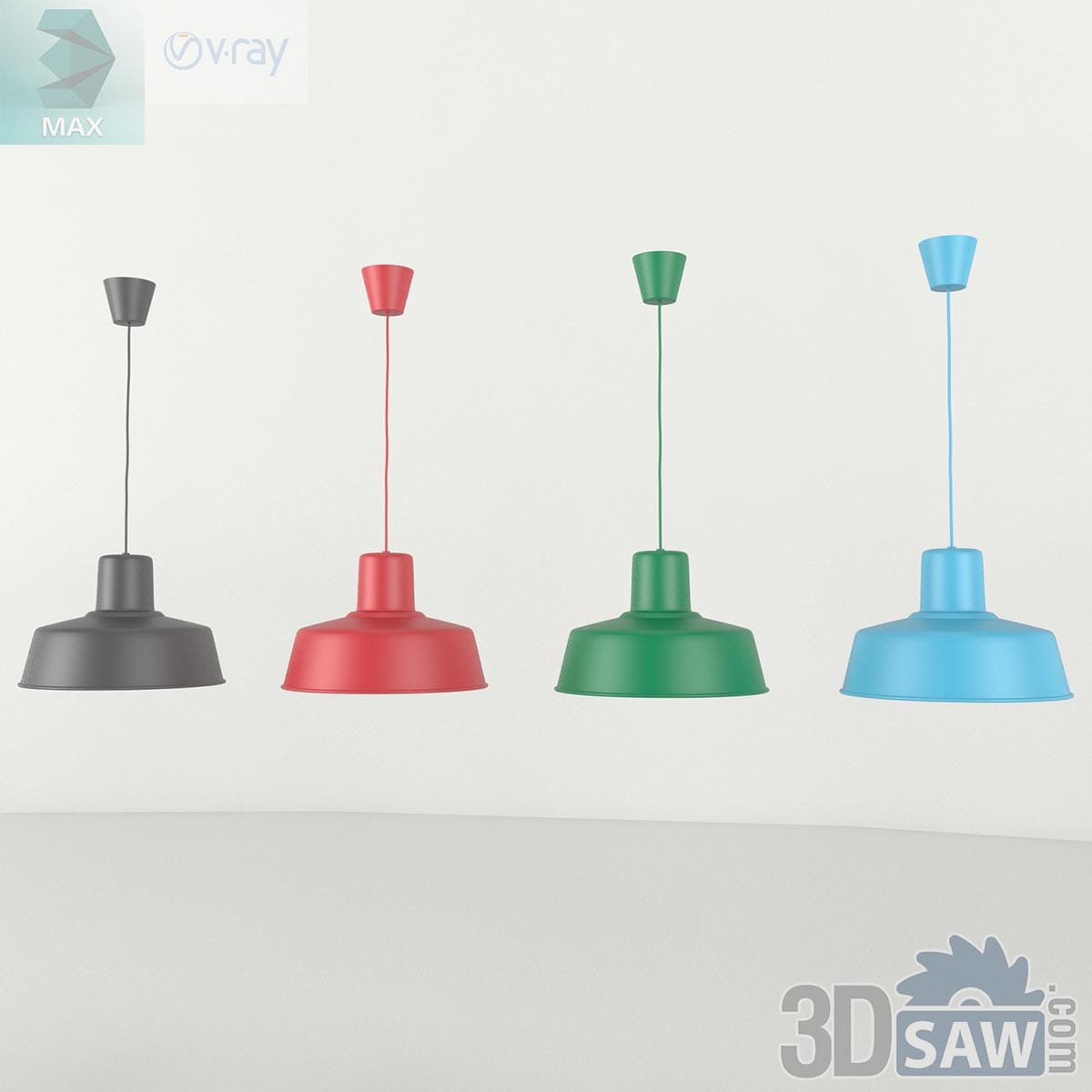 3ds Max industrial dome pendant light collection in grey, red, green, and blue