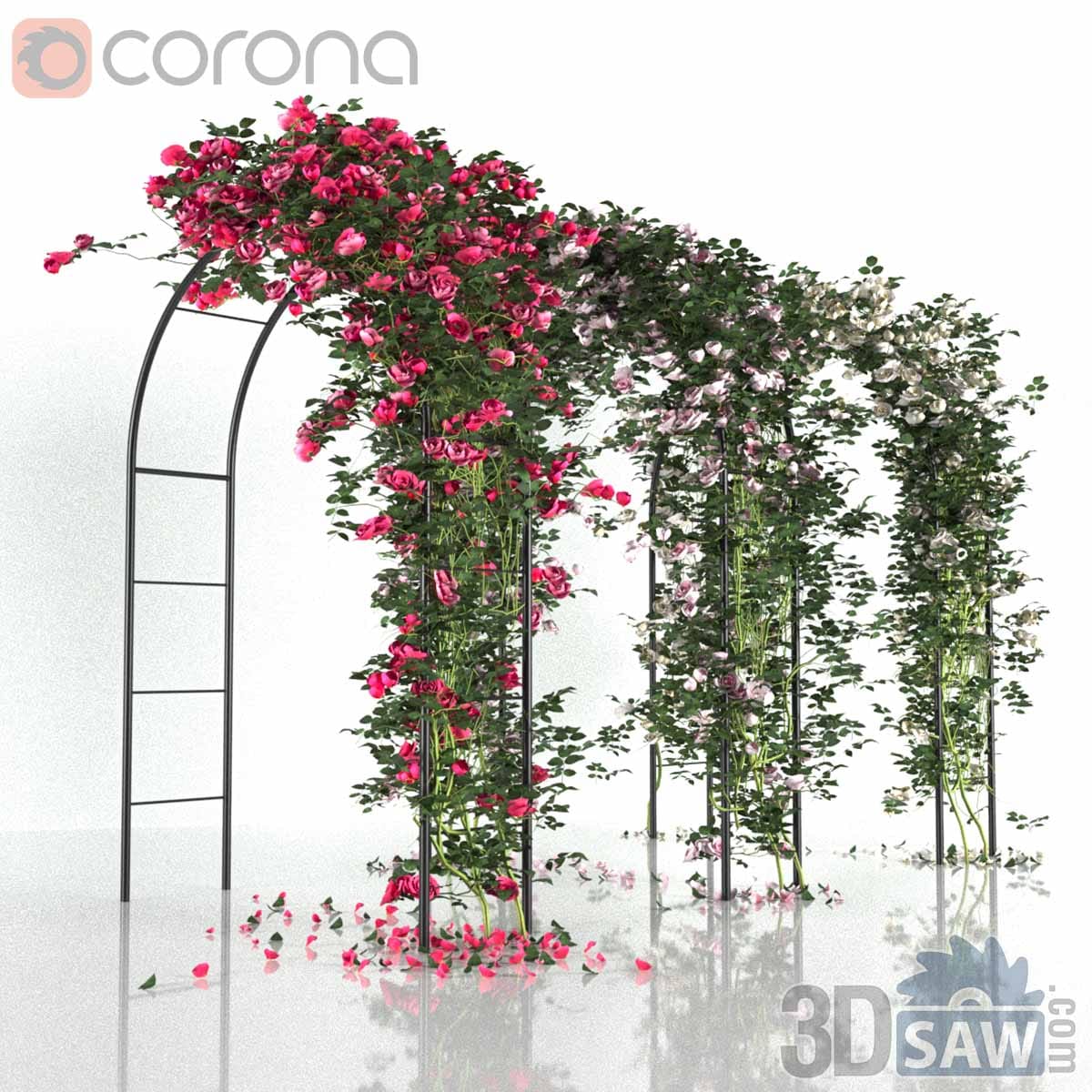 3ds Max climbing rose arch pergola set in pink, blush, and white