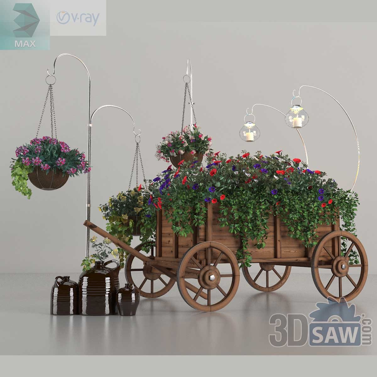 3ds Max rustic wooden garden cart with flowering plants and hanging baskets