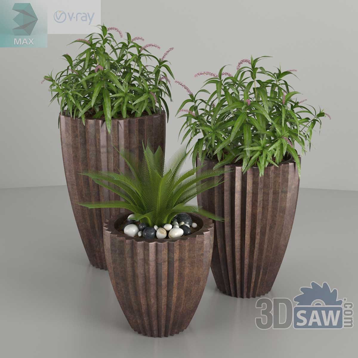 3ds Max modern ribbed bronze planter trio with grass and fern foliage