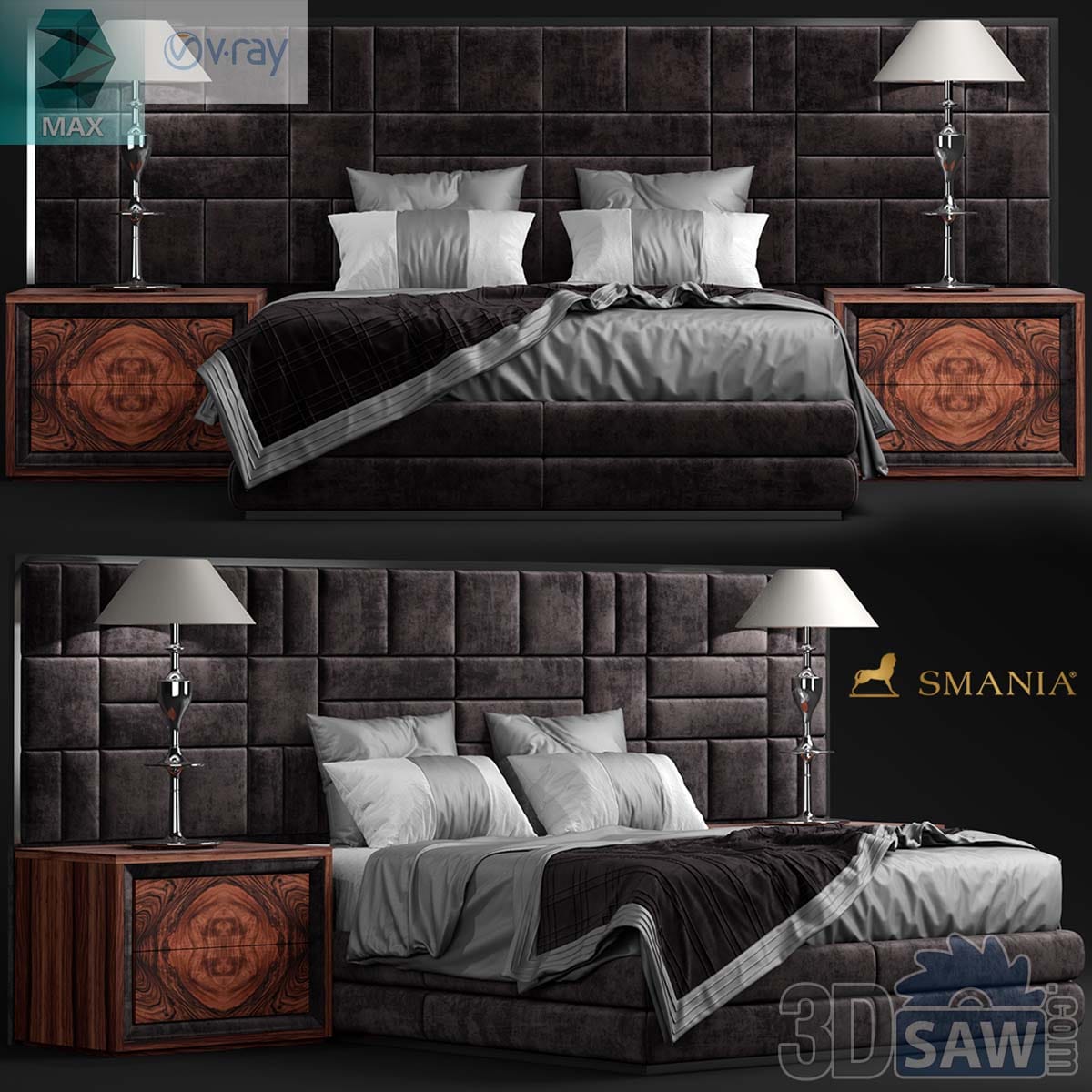 3ds Max charcoal velvet panelled bed with burl-wood nightstands and chrome lamps