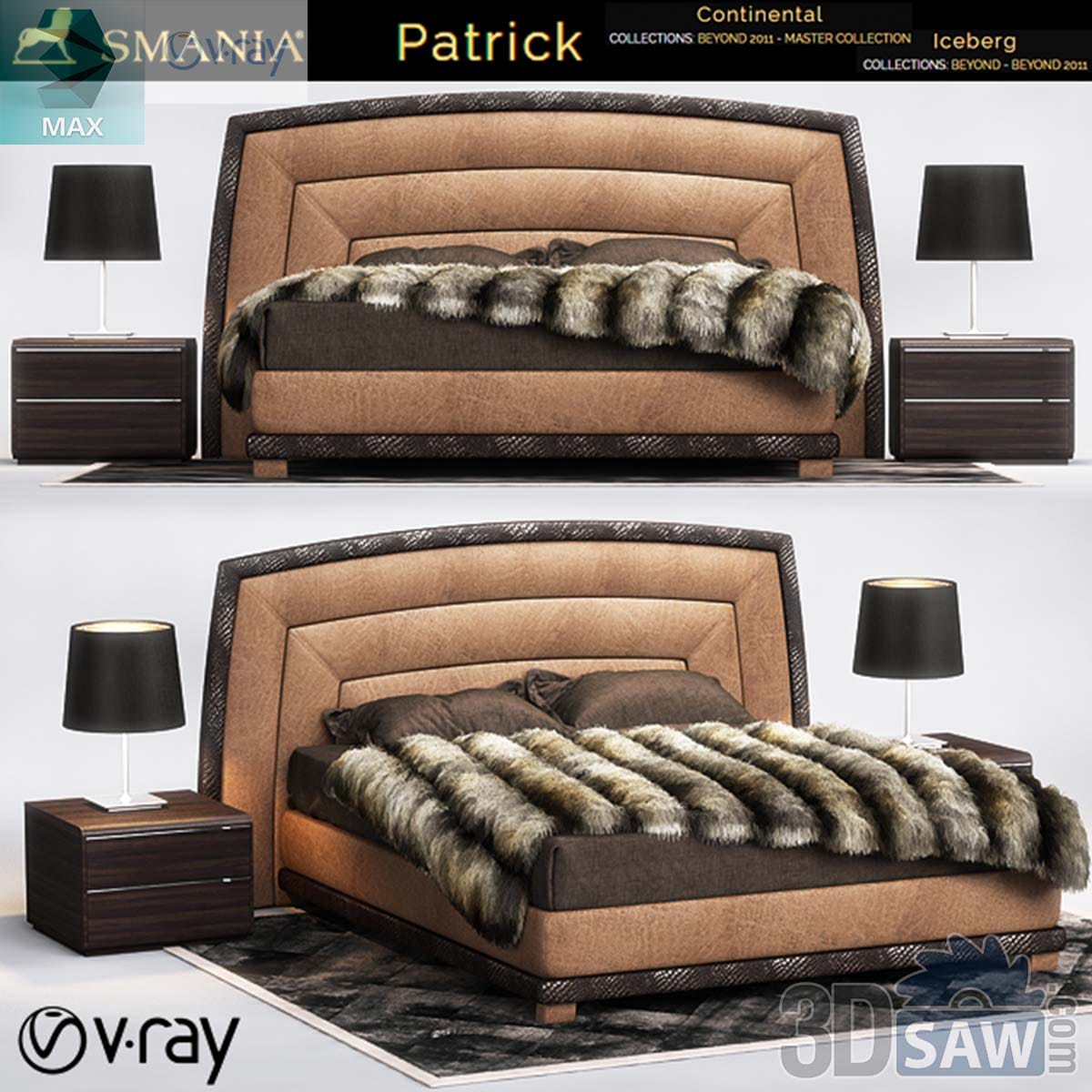 3ds Max camel leather bed with woven-texture trim, grey fur throw and dark nightstands