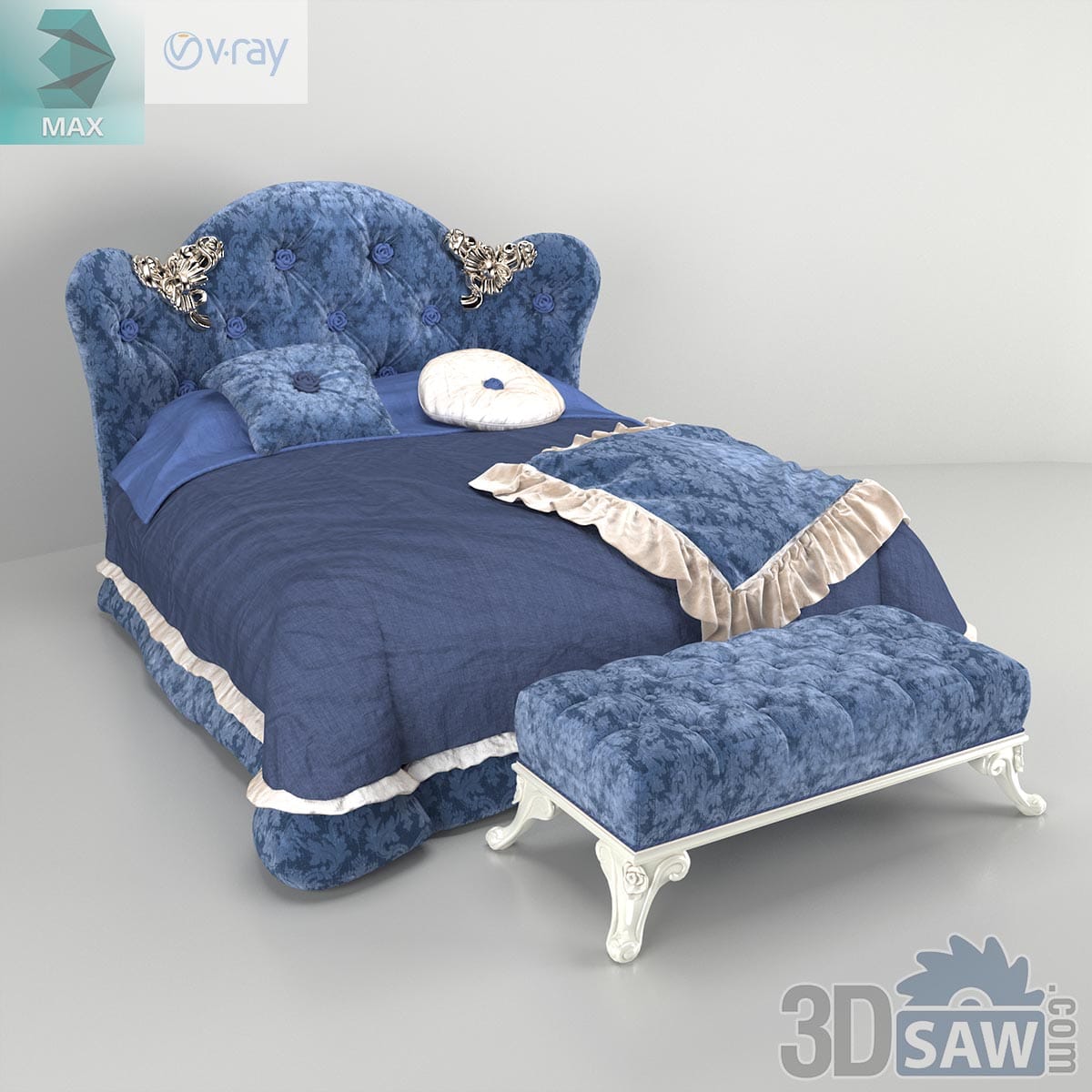3ds Max classic blue damask button-tufted bed with silver scrollwork and matching bench