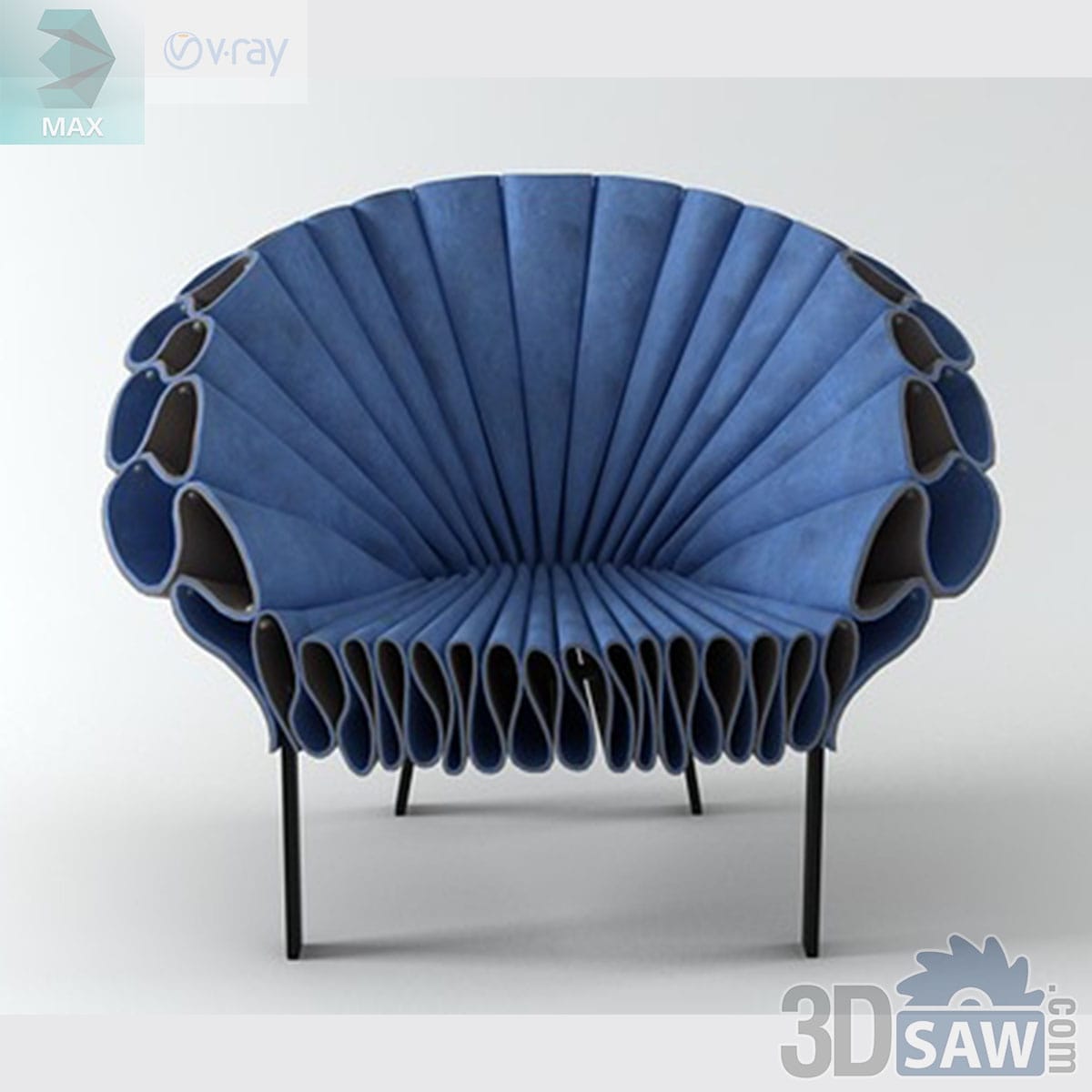 3ds Max contemporary pleated blue felt peacock lounge chair on black metal legs