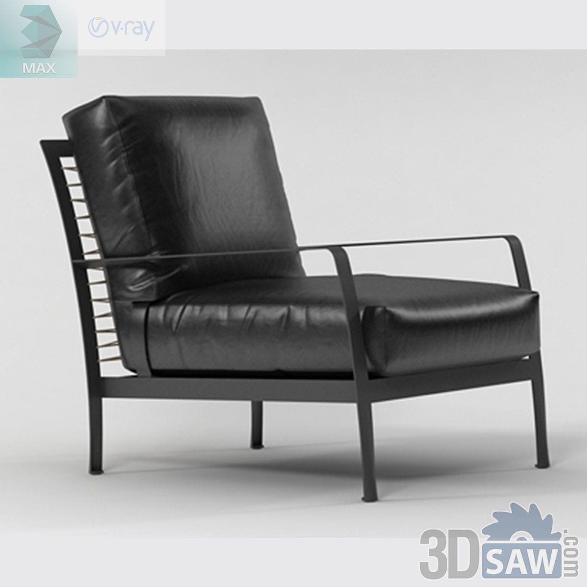 3ds Max industrial black leather lounge chair with loose cushions on a slim steel frame