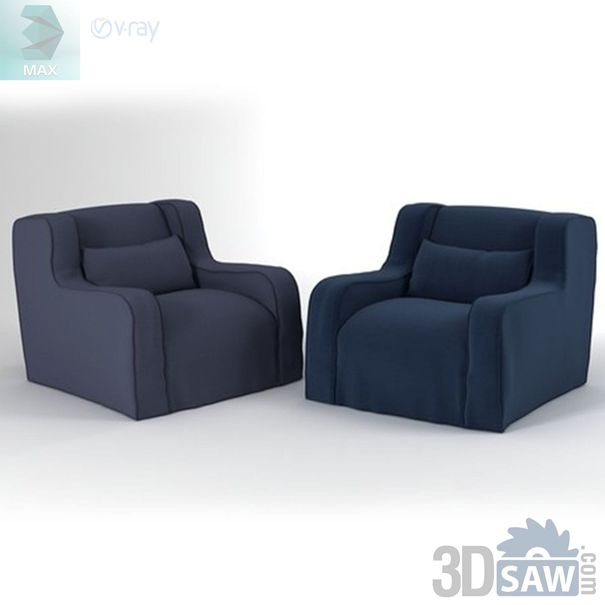3ds Max contemporary navy slipcovered lounge armchair shown as a matched pair