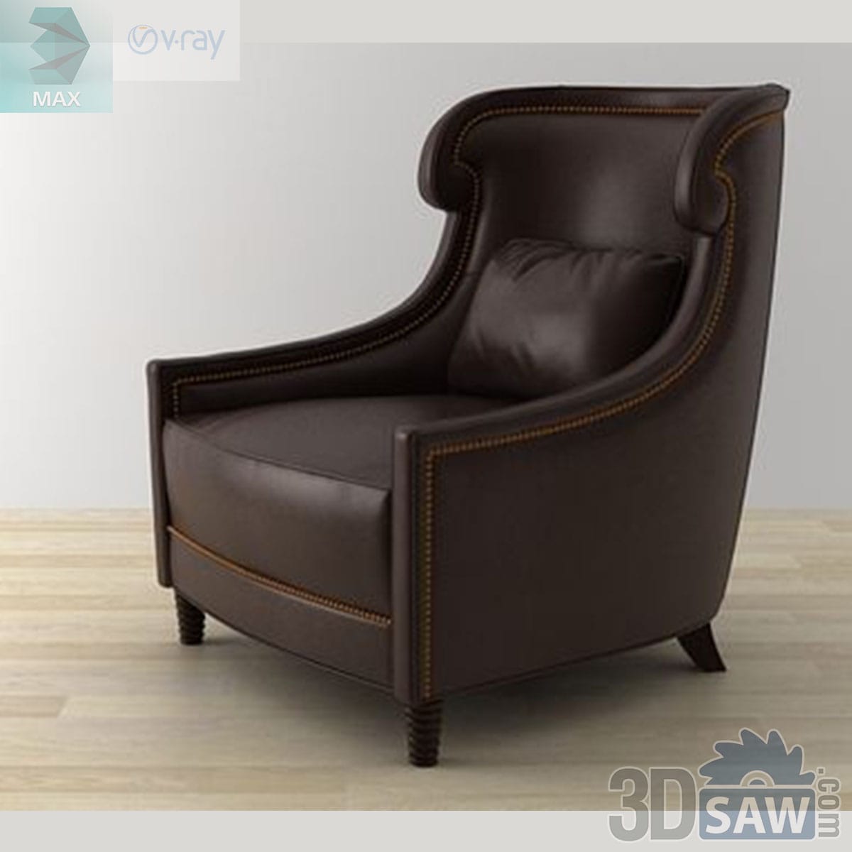 3ds Max classic chocolate brown leather wingback armchair with brass nailhead trim