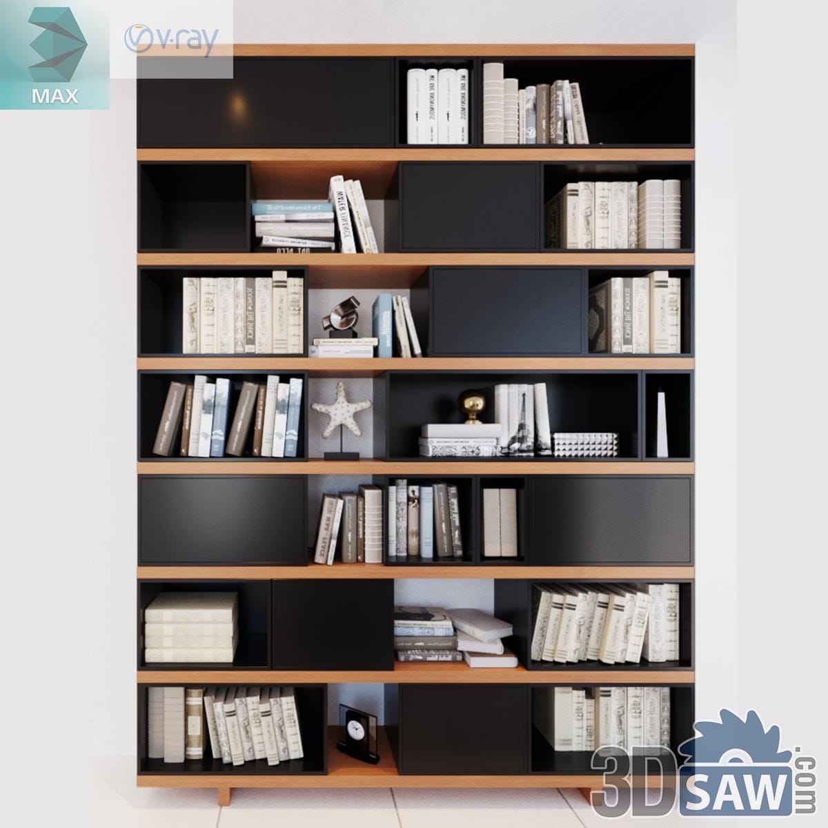 3ds Max modern wood and black open bookcase styled with books and decor objects