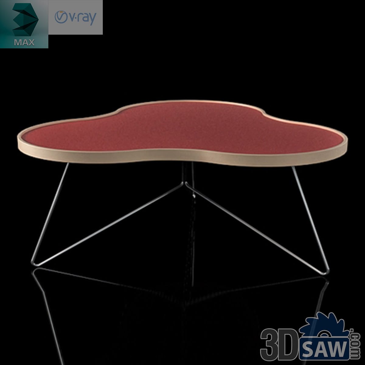 3ds Max contemporary cloud-shape coffee table with red felt top and brass rim on wire legs