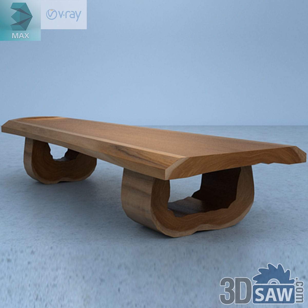 3ds Max rustic live-edge wood slab coffee table on two hollowed organic wood block legs