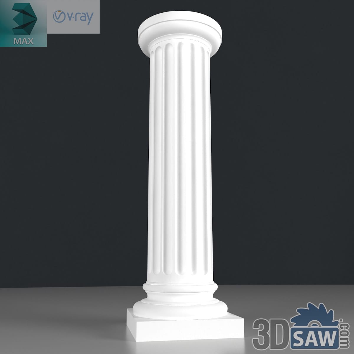 3ds Max classic fluted Doric column with plain capital on a square plinth in white plaster