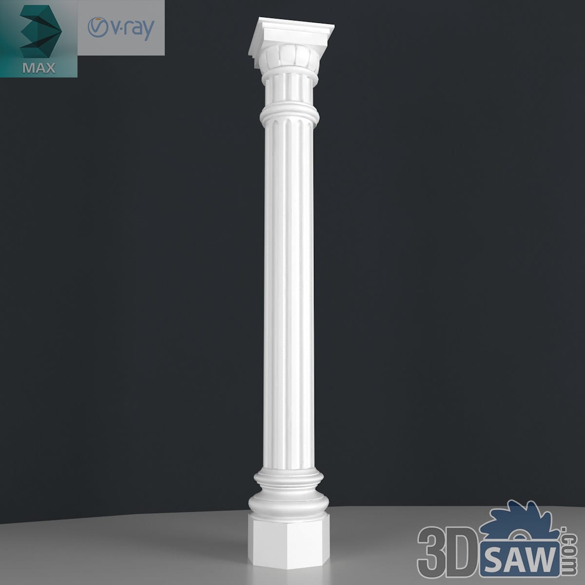 3ds Max classic fluted column with a fluted collar capital on a hexagonal plinth in white