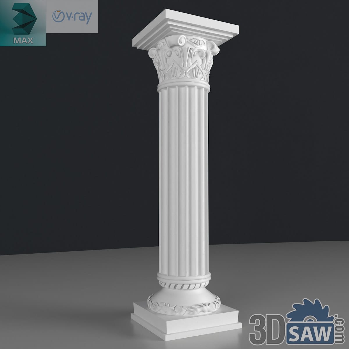 3ds Max classic fluted column with acanthus-leaf and corner-scroll capital in white plaster