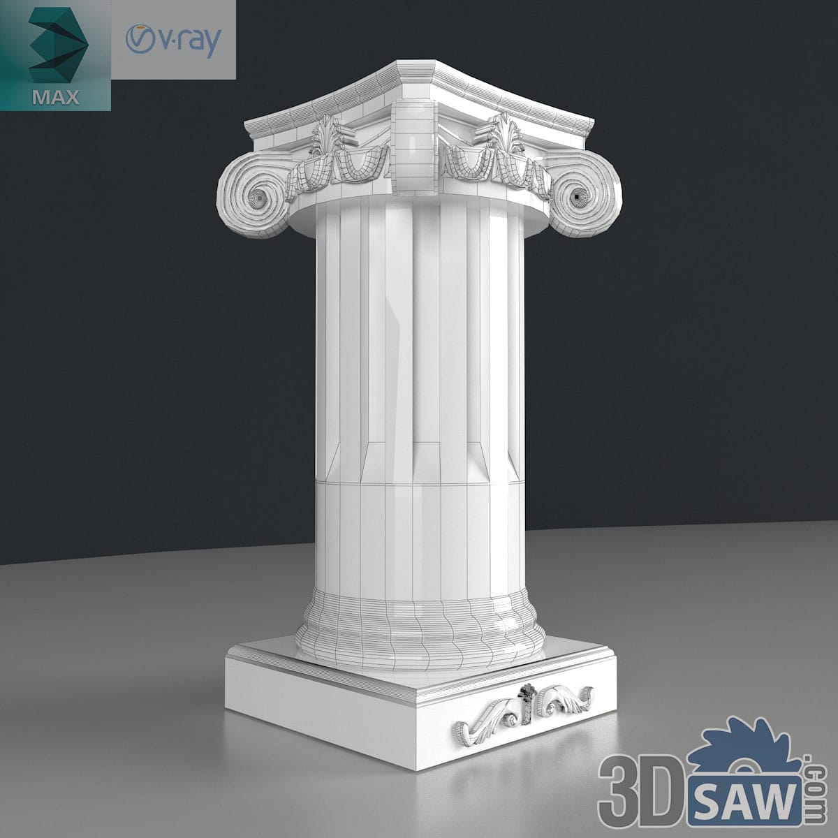 3ds Max classic fluted Ionic column with festoon capital and carved plinth shown as clay render