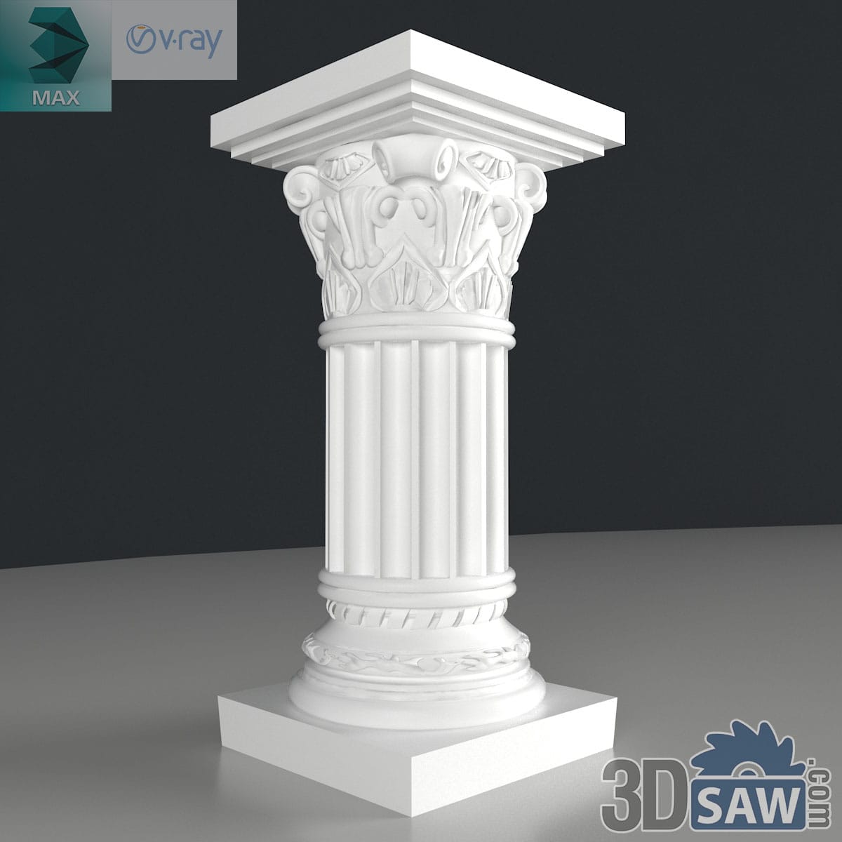 3ds Max classic fluted column with Romanesque scrolled capital and rope-banded base in white