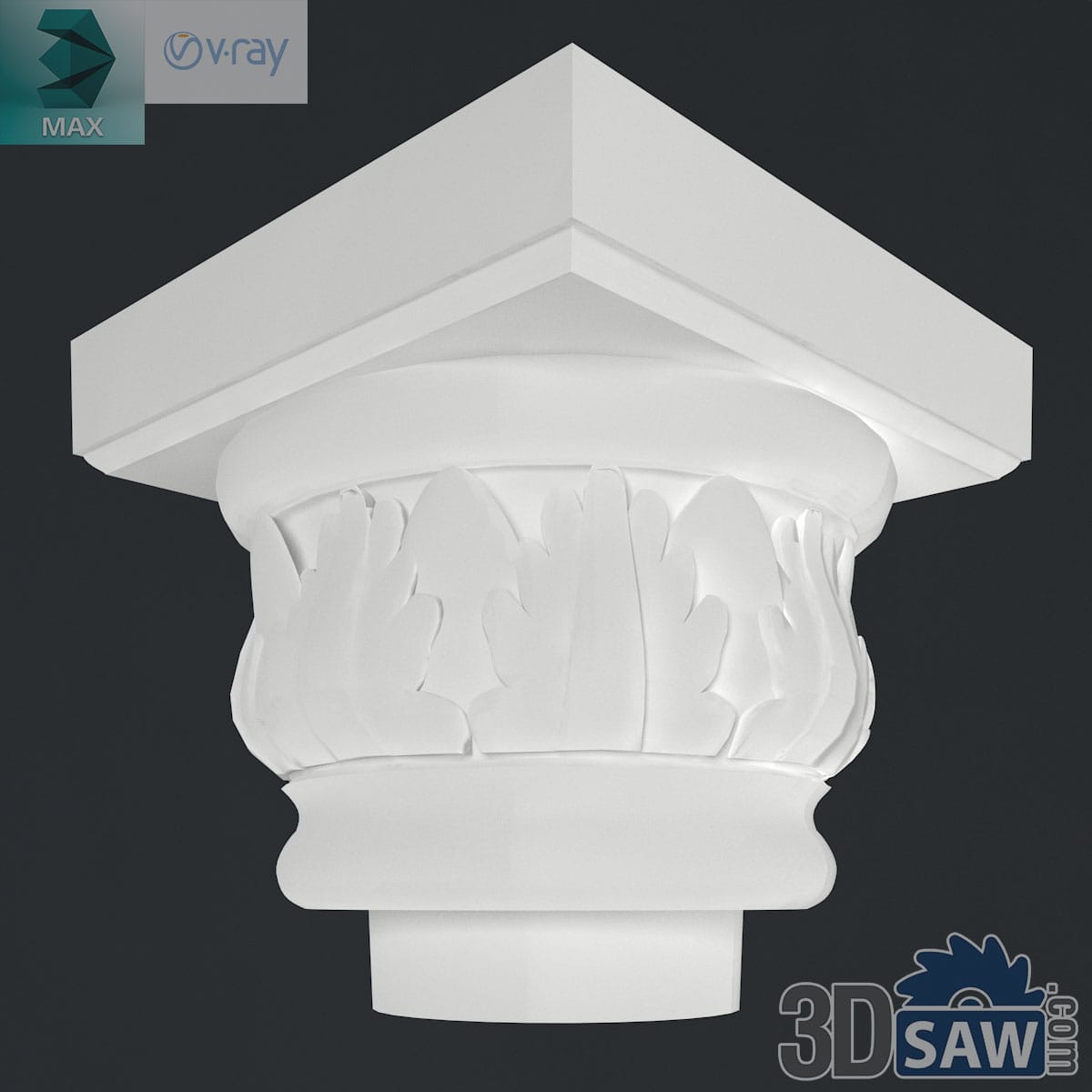 3ds Max classic column capital with a ring of broad flat leaves under a square abacus in white