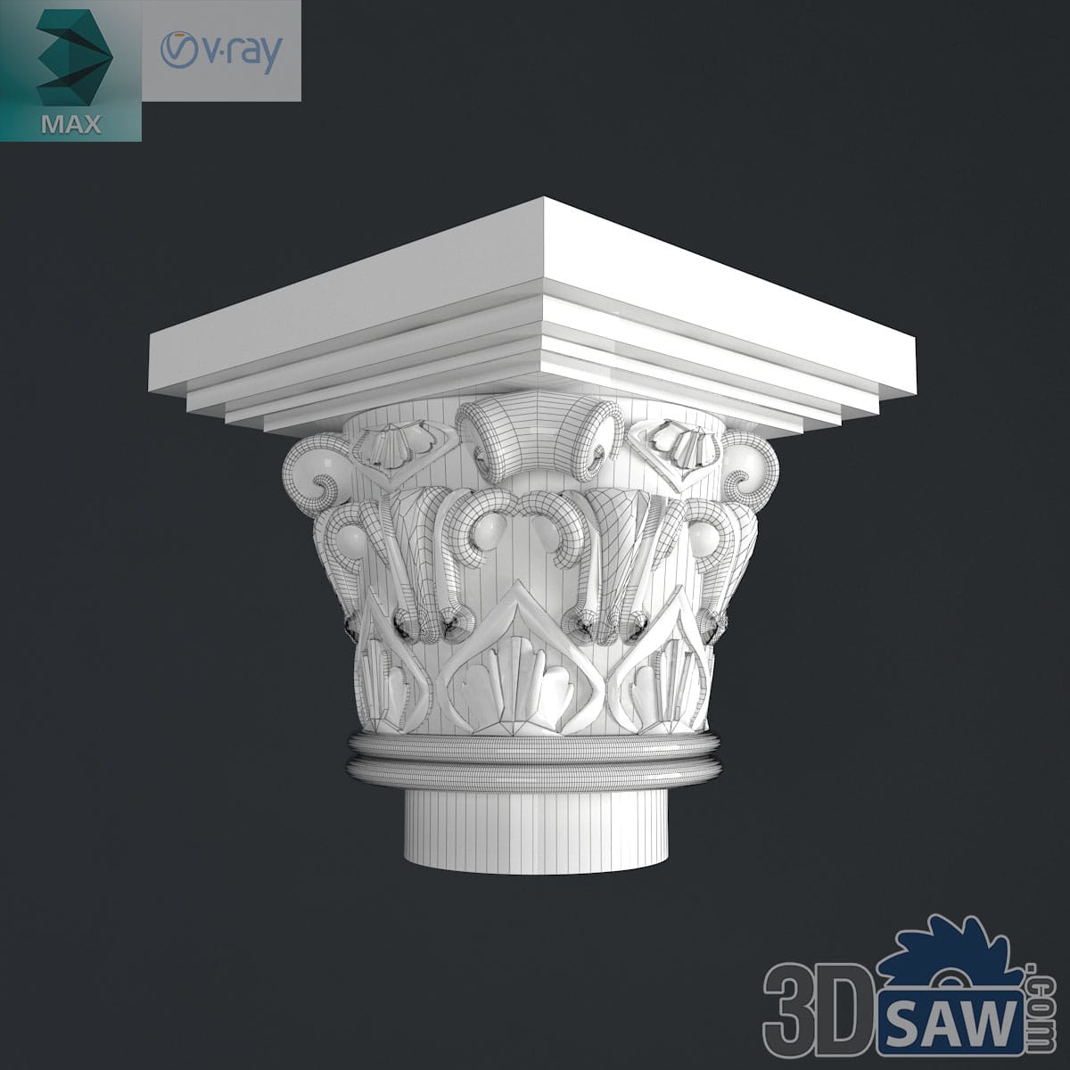 3ds Max classic Corinthian column capital with acanthus tiers and corner scrolls, clay render