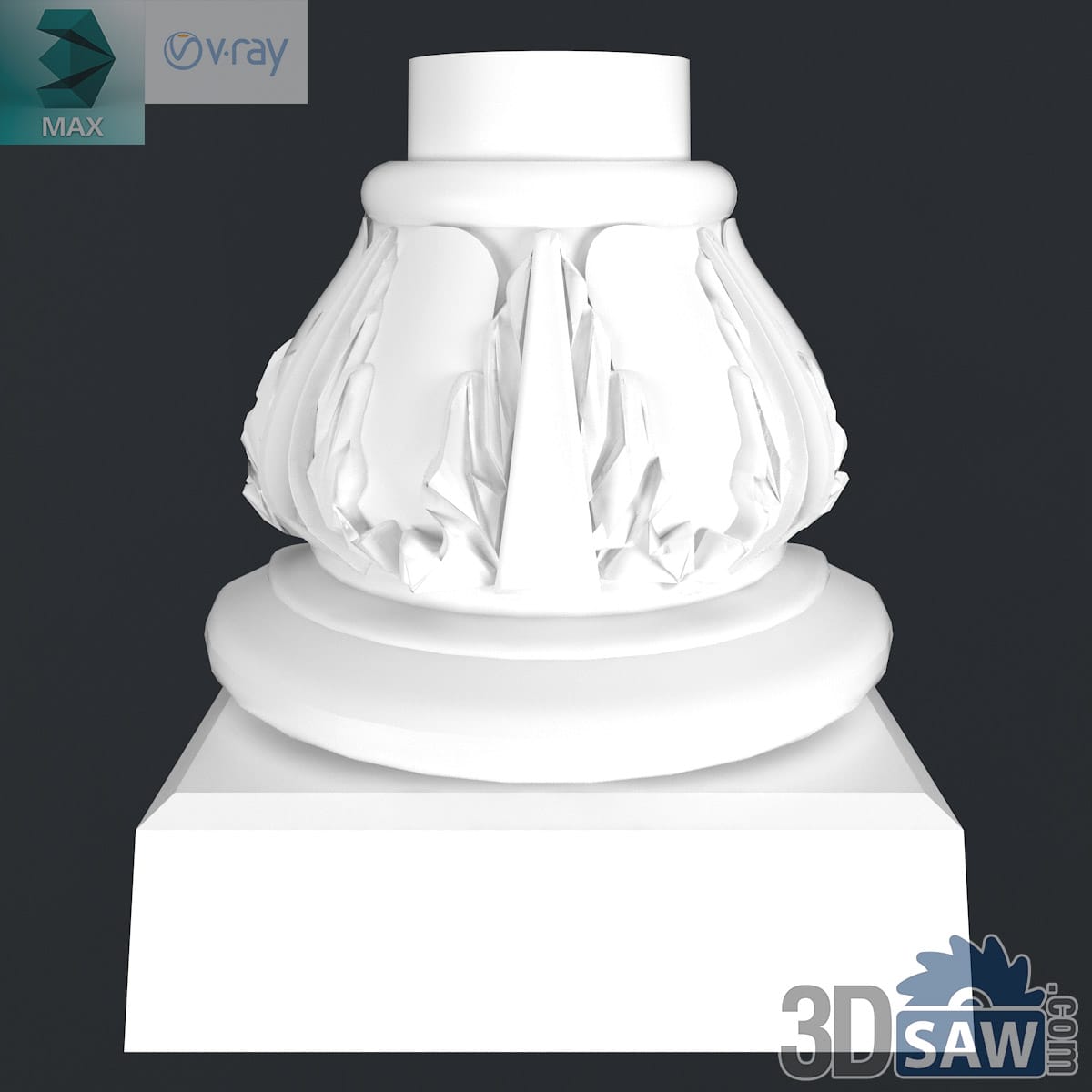 3ds Max classic water-leaf carved column base flaring over a torus and square plinth in white