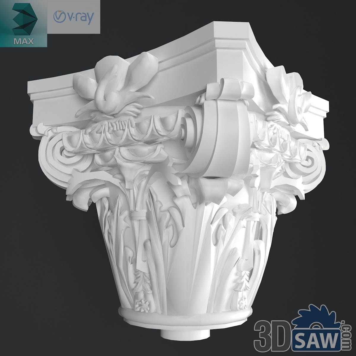 3ds Max classic Composite column capital with acanthus leaves and large corner volutes in white